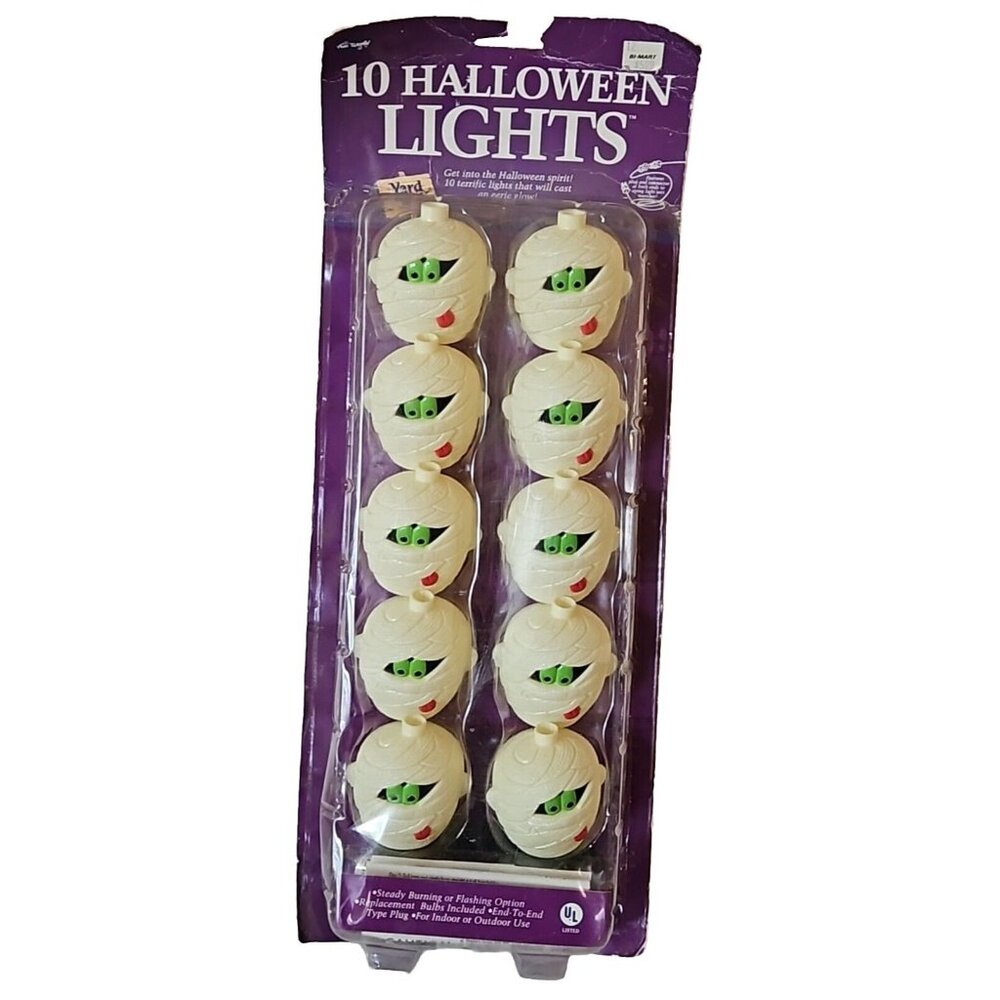 Vtg Halloween Monster String Lights 10 Plastic Blow Mold Mummy Ghouls Fun World